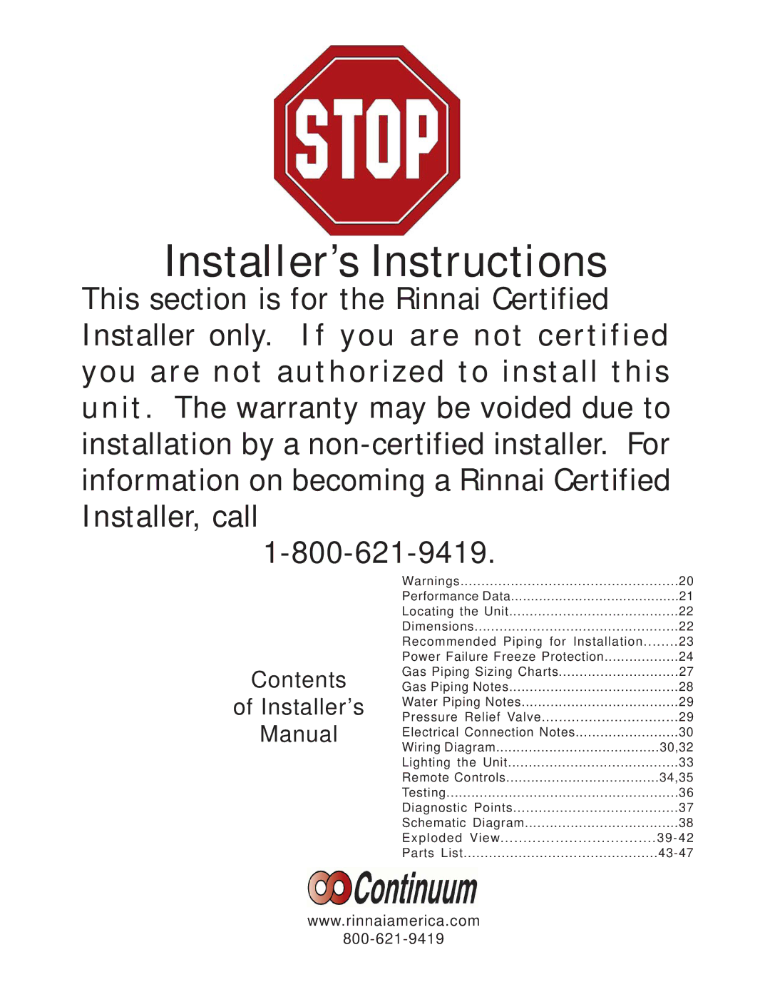 Rinnai 2424WC manual Installer’s Instructions 