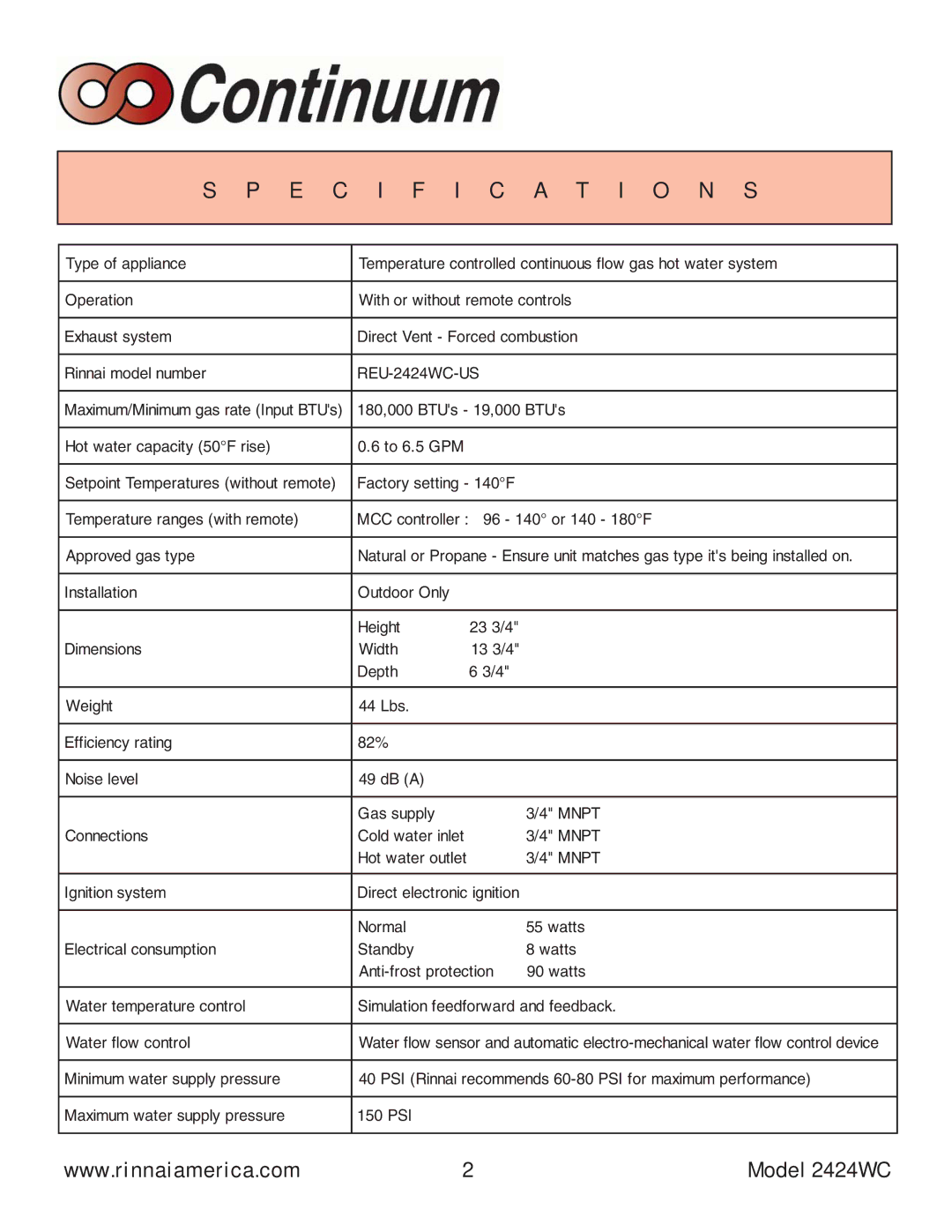 Rinnai manual Specification S, REU-2424WC-US 