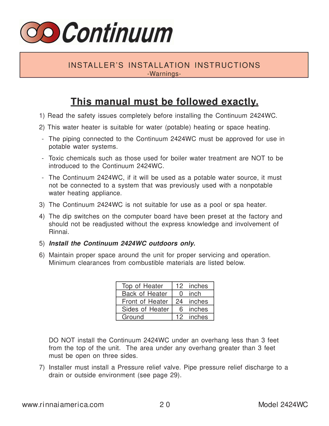 Rinnai 2424WC This manual must be followed exactly, INSTALLER’S Installation Instructions 