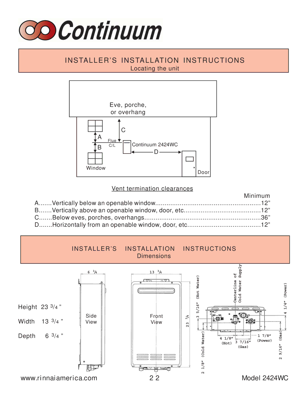 Rinnai 2424WC manual Locating the unit Eve, porche, or overhang, Vent termination clearances Minimum, Dimensions, Depth 