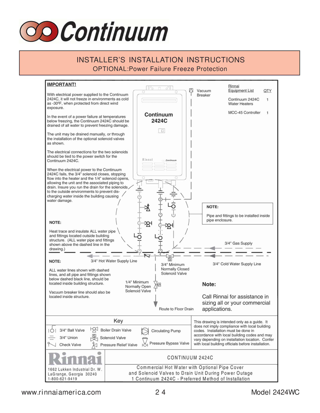 Rinnai 2424WC manual OPTIONALPower Failure Freeze Protection 