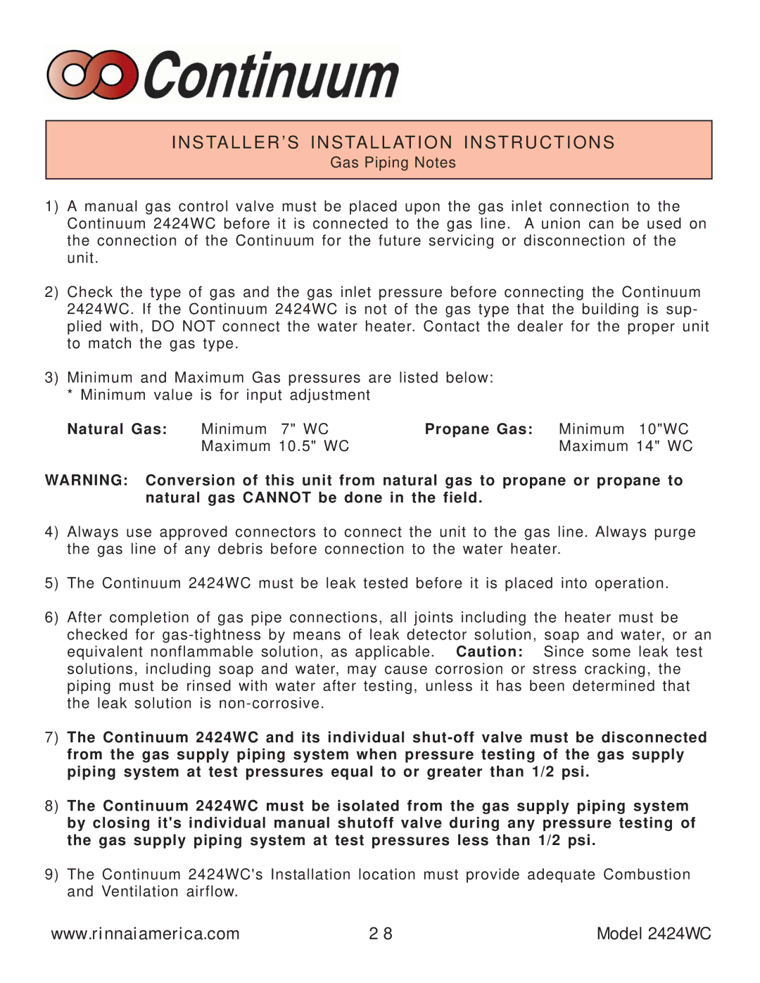 Rinnai 2424WC manual Minimum 7 WC, Propane Gas Minimum 10WC 