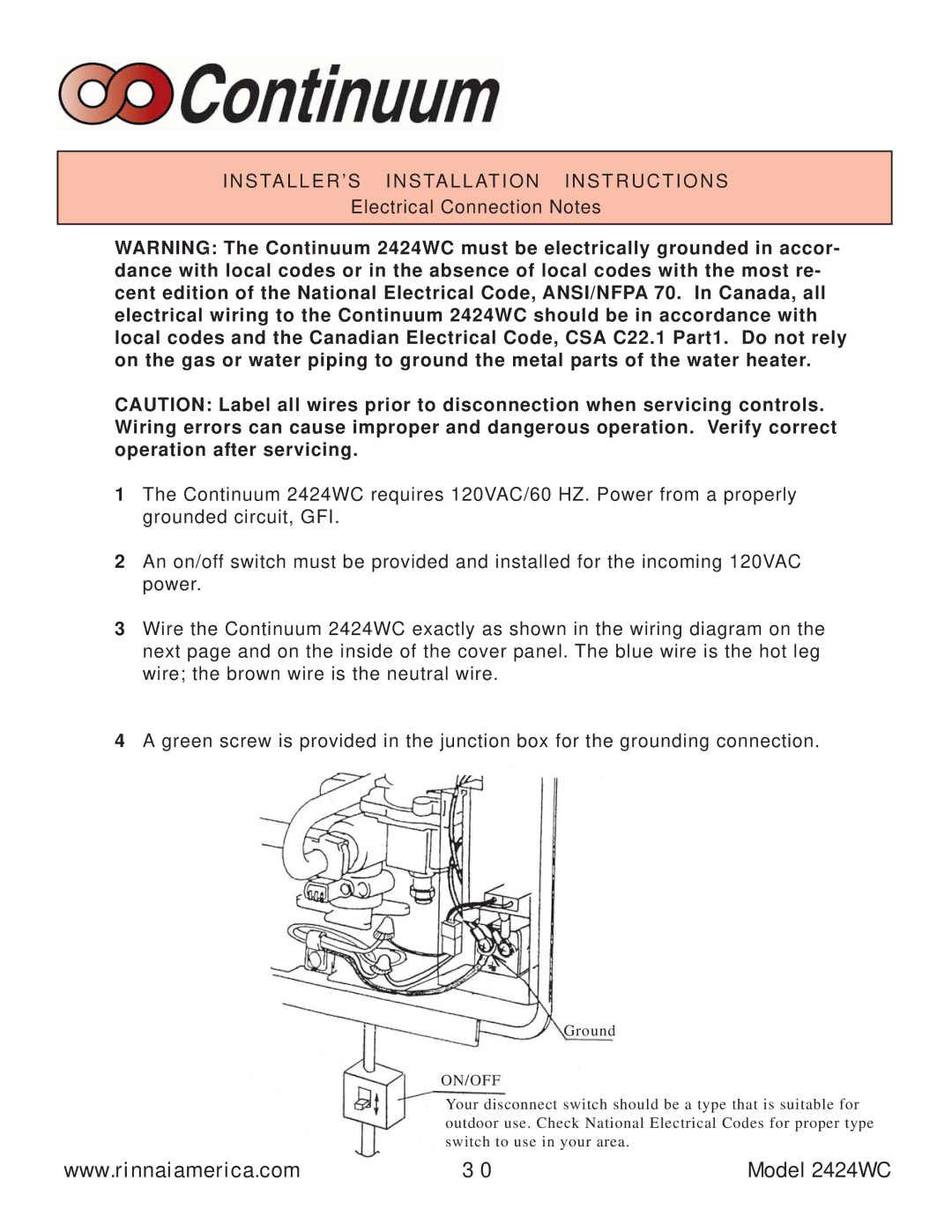 Rinnai 2424WC manual INSTALLER’S Installation Instructions 