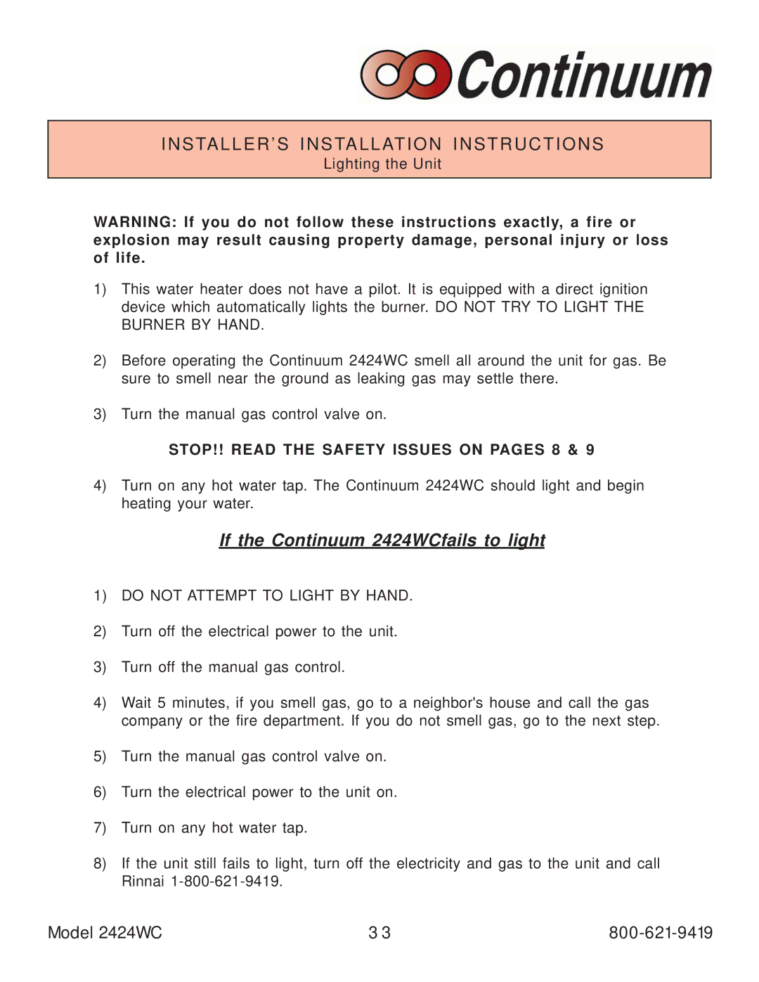 Rinnai manual If the Continuum 2424WCfails to light 