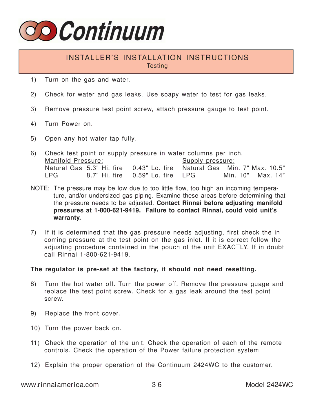 Rinnai 2424WC manual Hi. fire 59 Lo. fire, Min Max 