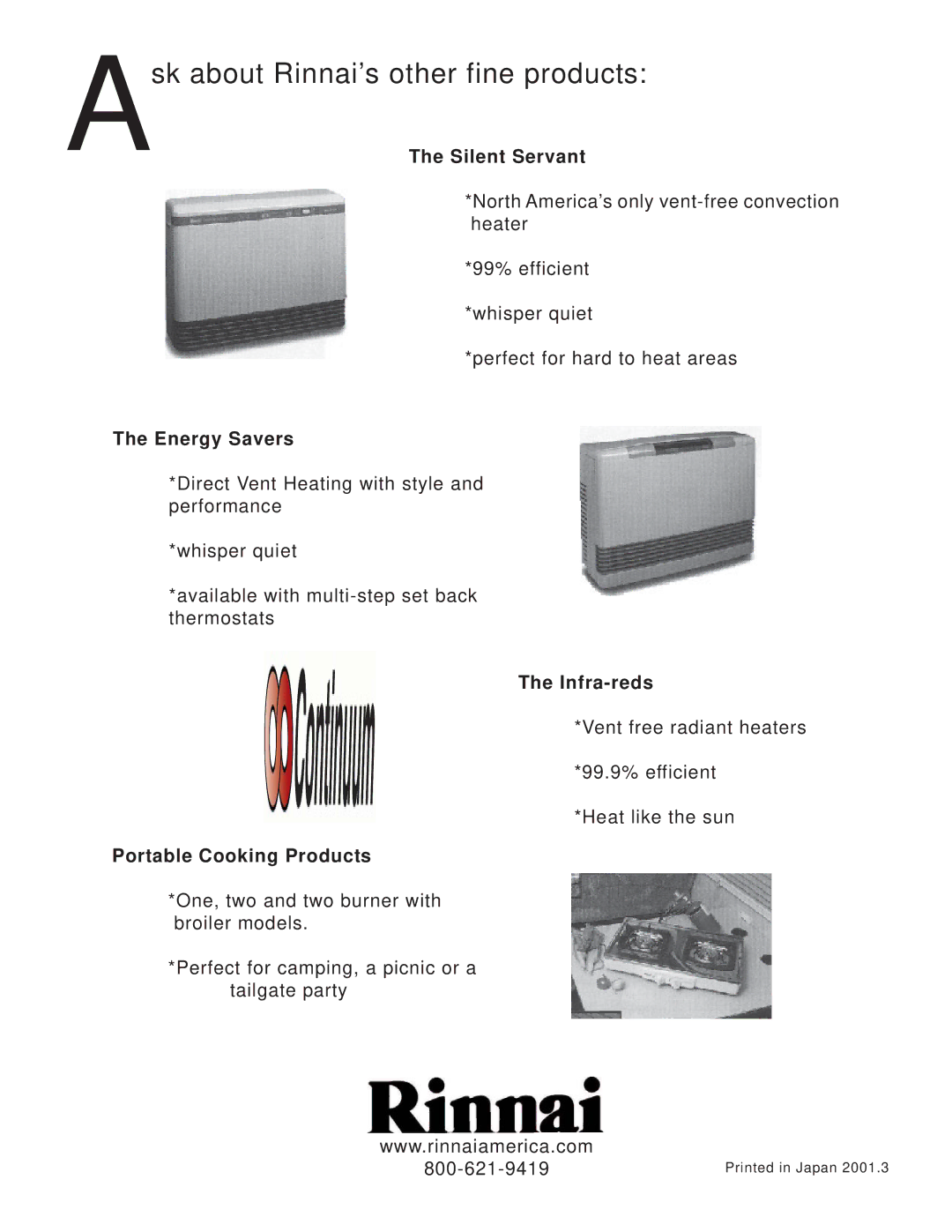 Rinnai 2424WC manual Energy Savers, Vent free radiant heaters 99.9% efficient Heat like the sun 