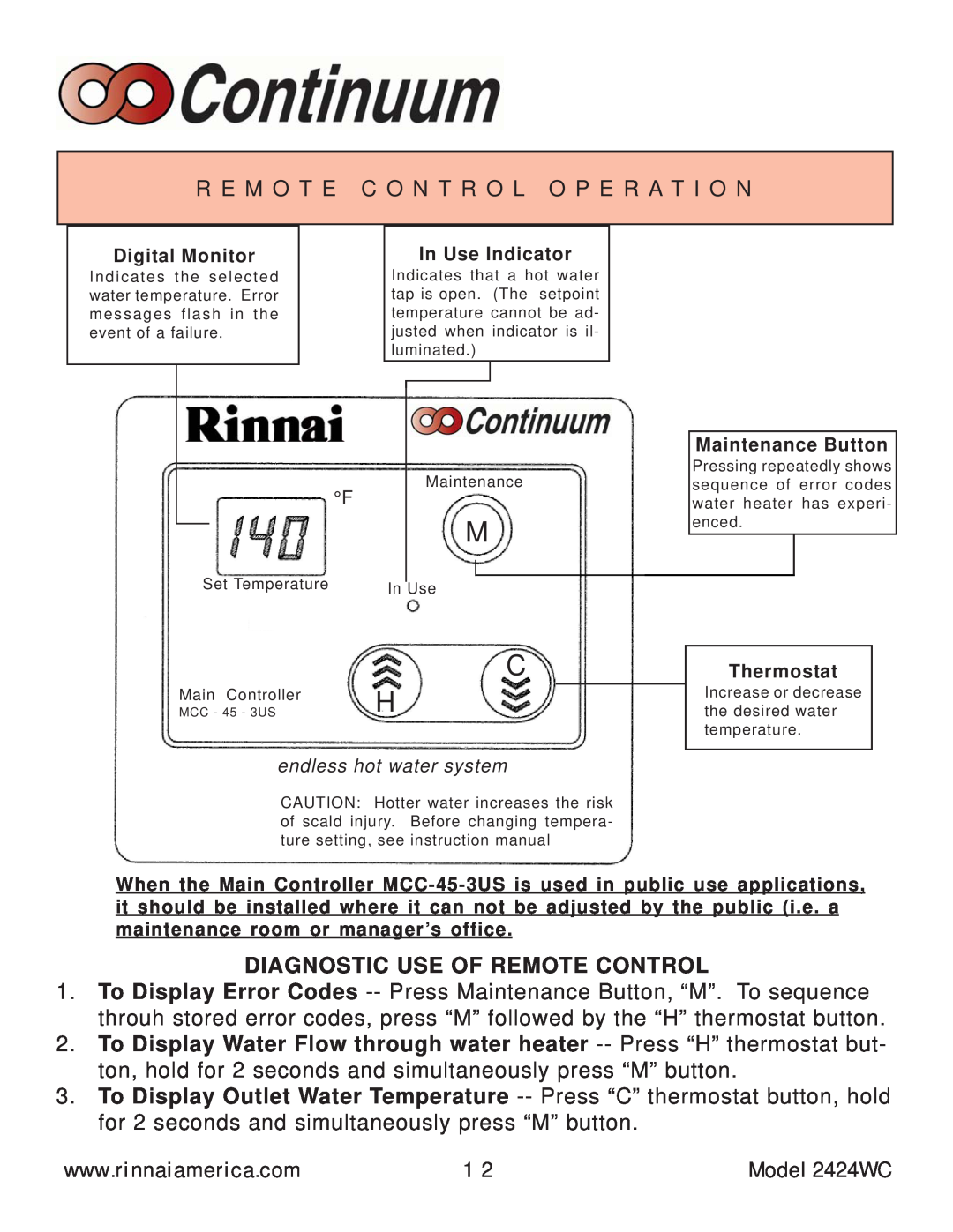 Rinnai 2424WC manual Diagnostic Use Of Remote Control 