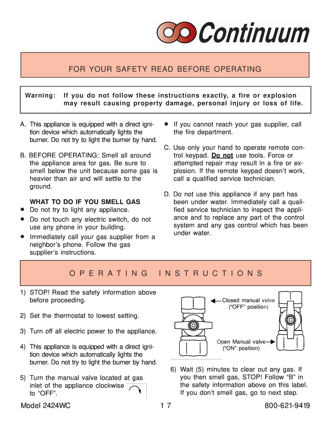 Rinnai manual For Your Safety Read Before Operating, O P E R A T I N G I N S T R U C T I O N S, Model 2424WC 