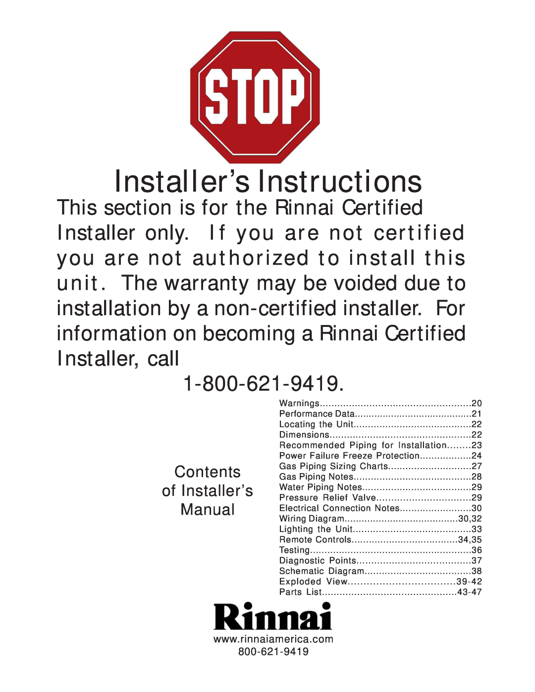 Rinnai 2424WC manual Installer’s Instructions 