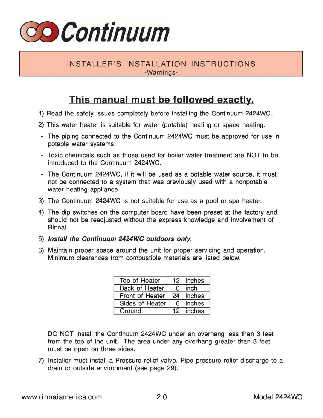 Rinnai This manual must be followed exactly, Installer’S Installation Instructions, Model 2424WC 