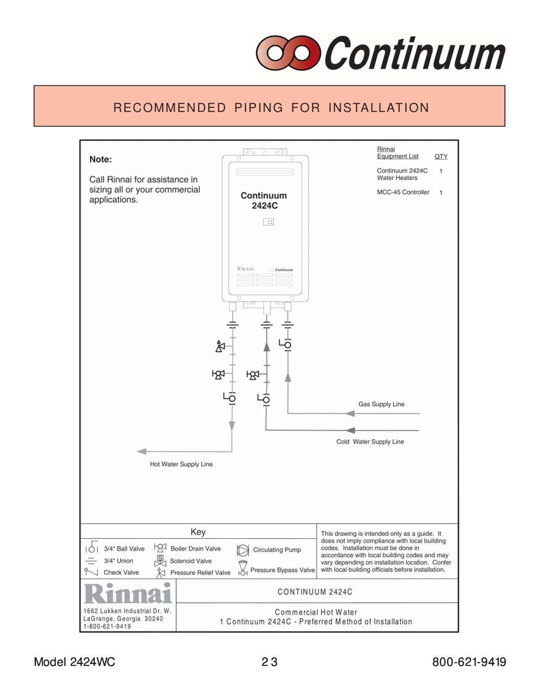 Rinnai manual Recommended Piping For Installation, Model 2424WC 