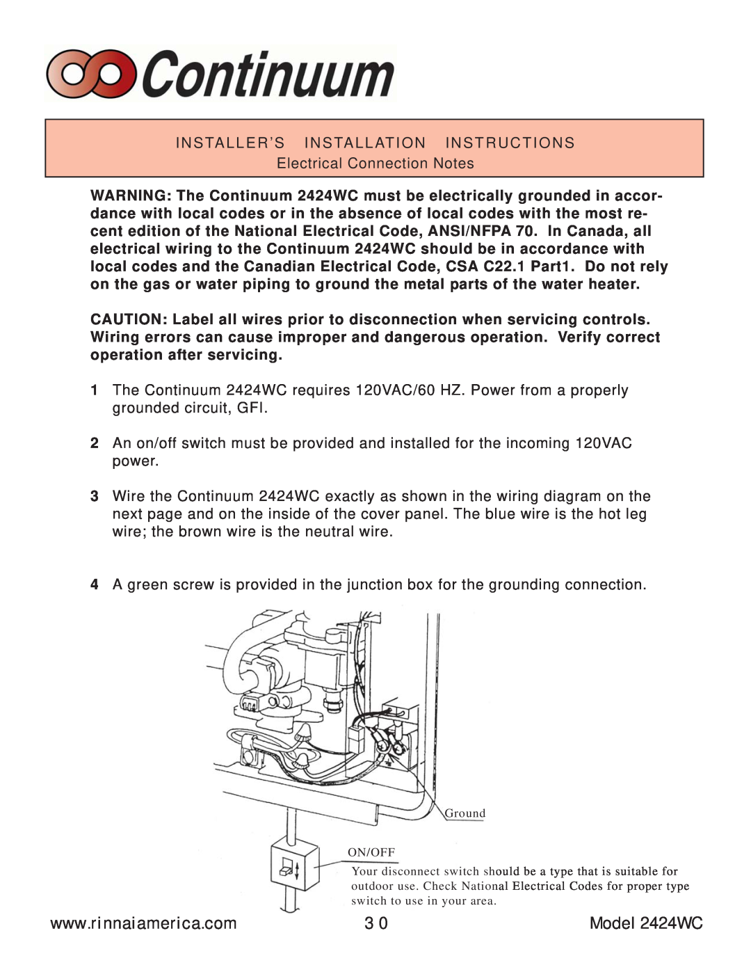Rinnai manual Model 2424WC, Installer’S Installation Instructions 