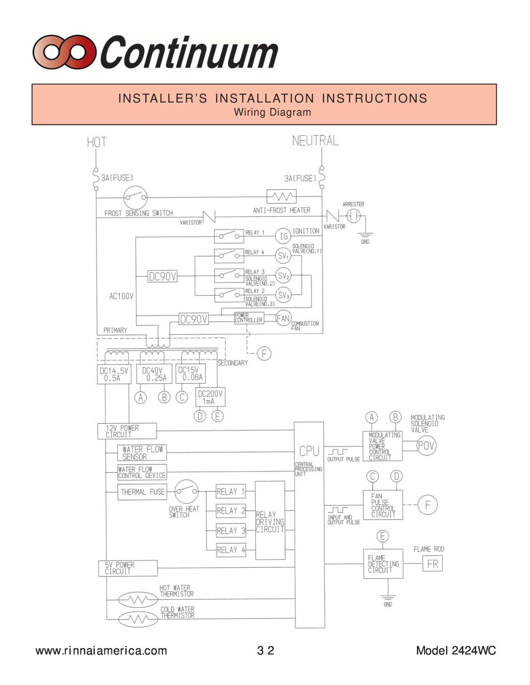 Rinnai manual Installer’S Installation Instructions, Model 2424WC 