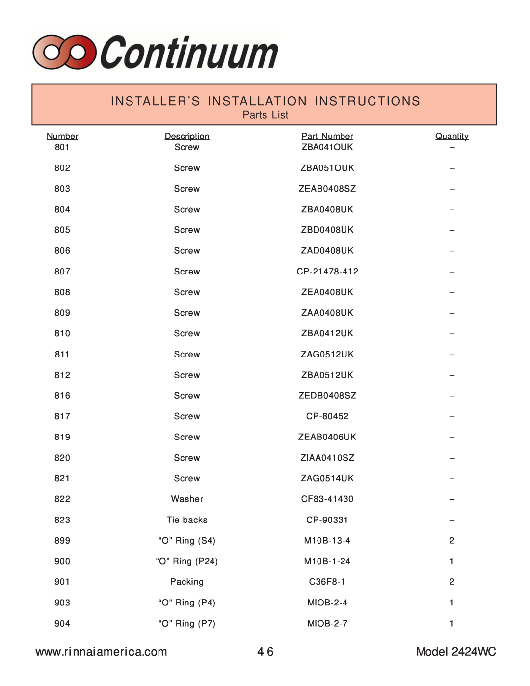 Rinnai manual Model 2424WC, Parts List 