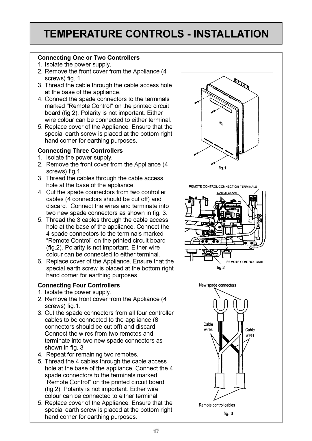 Rinnai 24e user manual Connecting One or Two Controllers, Connecting Three Controllers, Connecting Four Controllers 