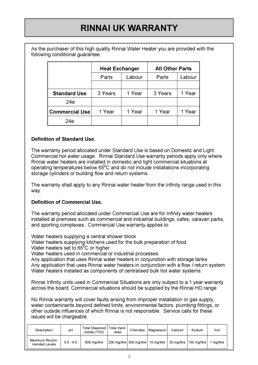 Rinnai 24e user manual Rinnai UK Warranty, Definition of Standard Use, Definition of Commercial Use 