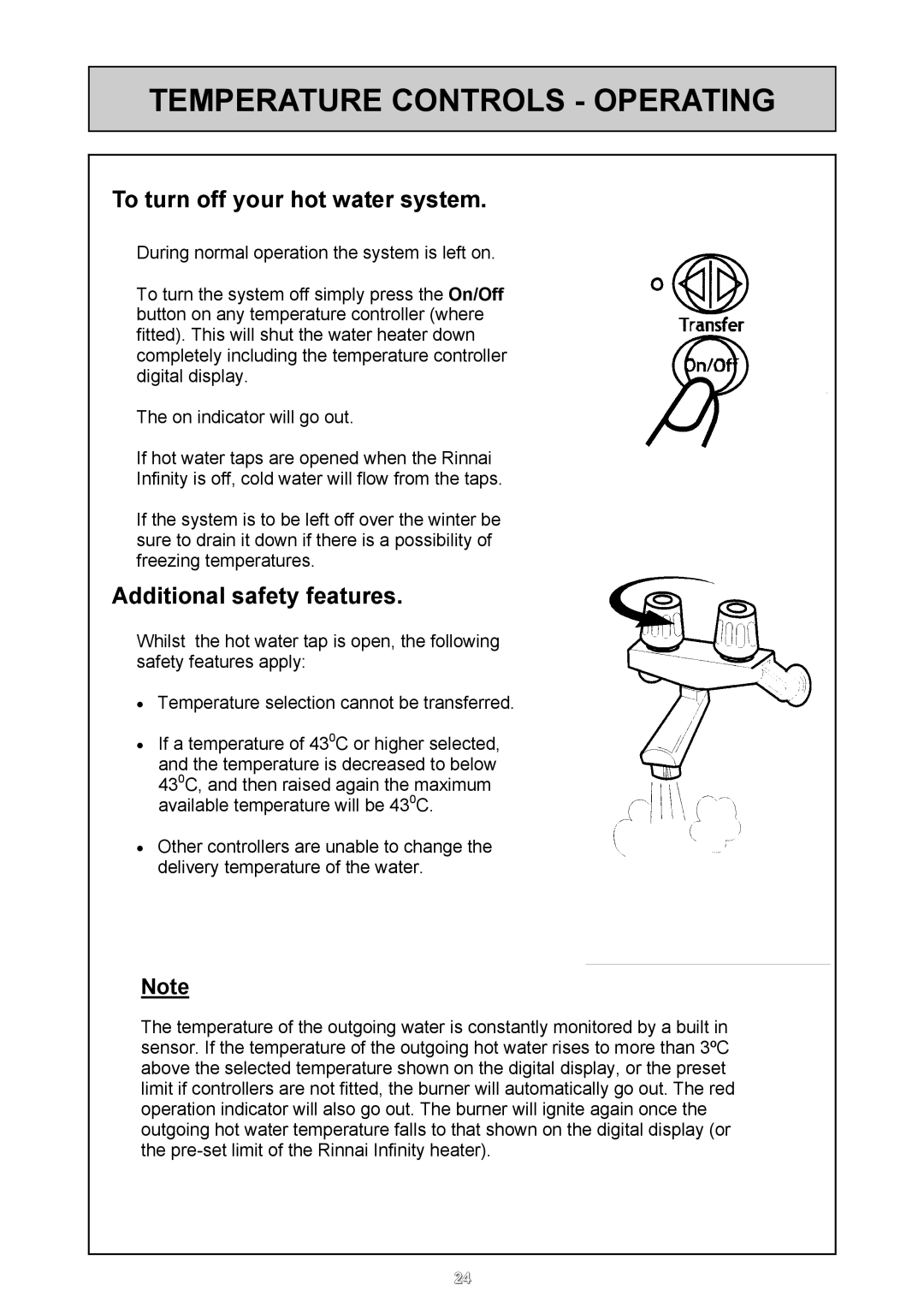 Rinnai 24e user manual To turn off your hot water system, Additional safety features 