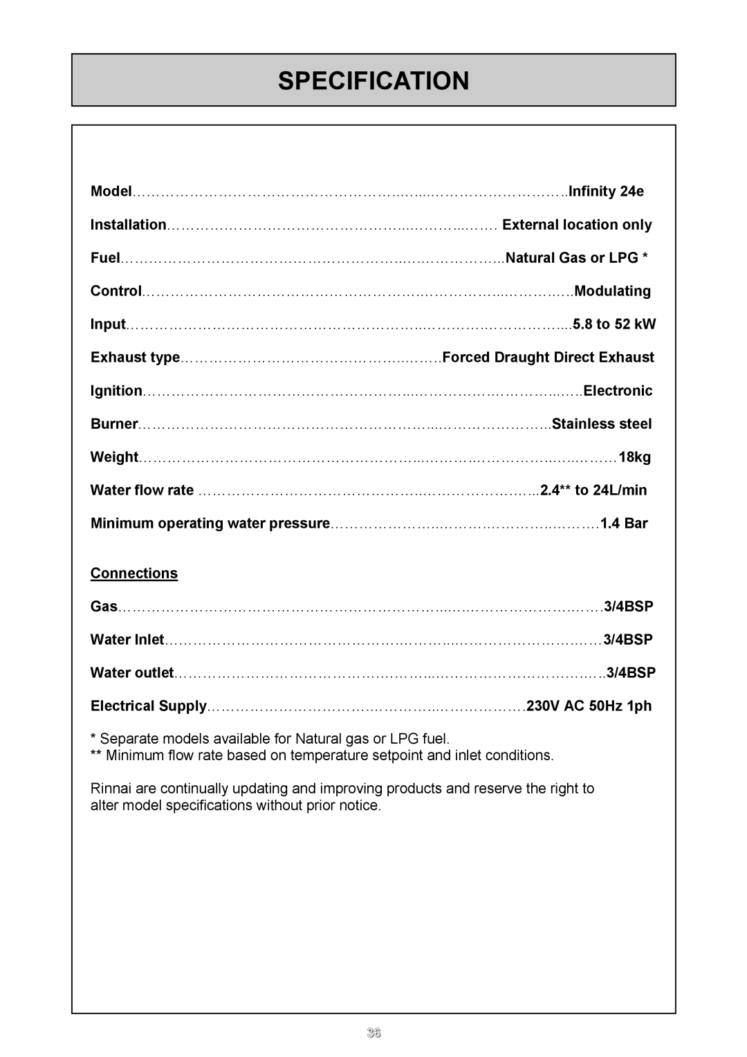 Rinnai 24e user manual Specification, Electrical Supply…………………………….…………..……………….230V AC 50Hz 1ph 