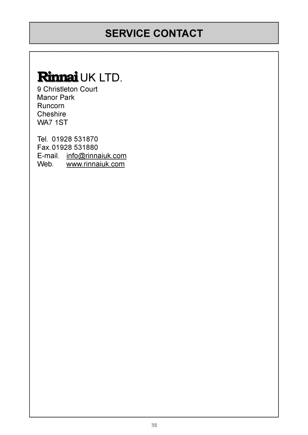 Rinnai 24e user manual Service Contact 