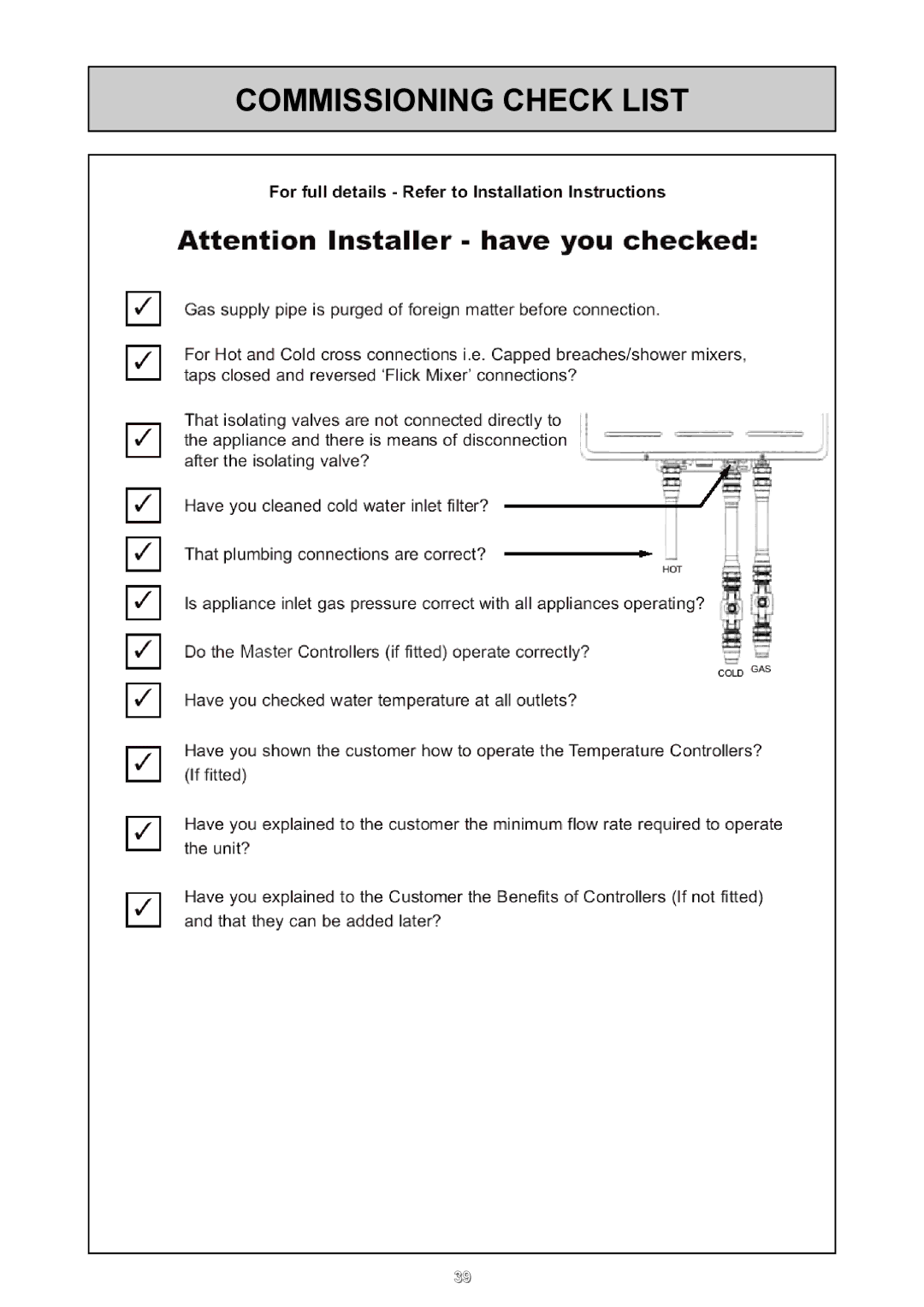 Rinnai 24e user manual Commissioning Check List 