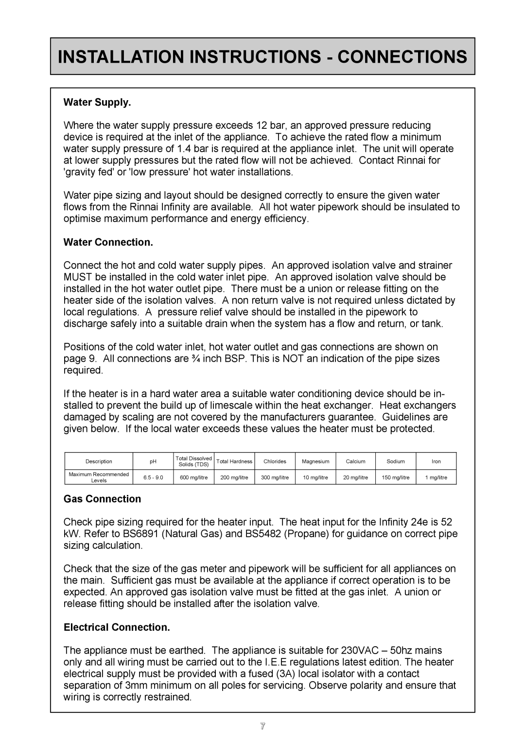 Rinnai 24e Installation Instructions Connections, Water Supply, Water Connection, Gas Connection, Electrical Connection 