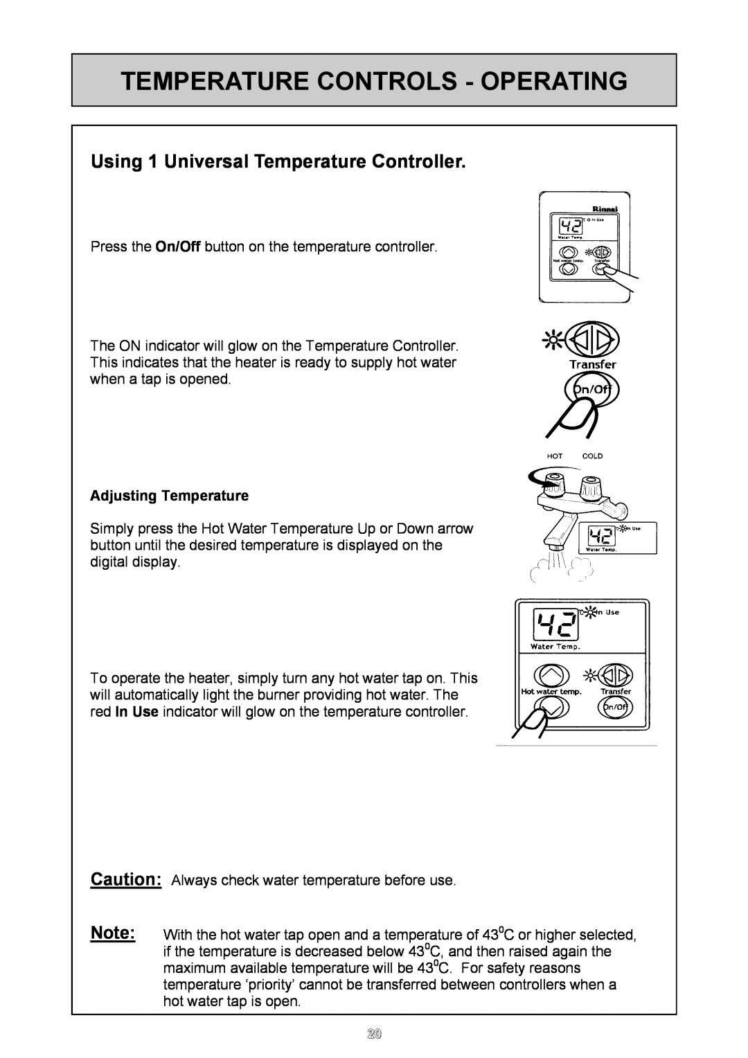 Rinnai 24e user manual Using 1 Universal Temperature Controller, Adjusting Temperature, Temperature Controls - Operating 