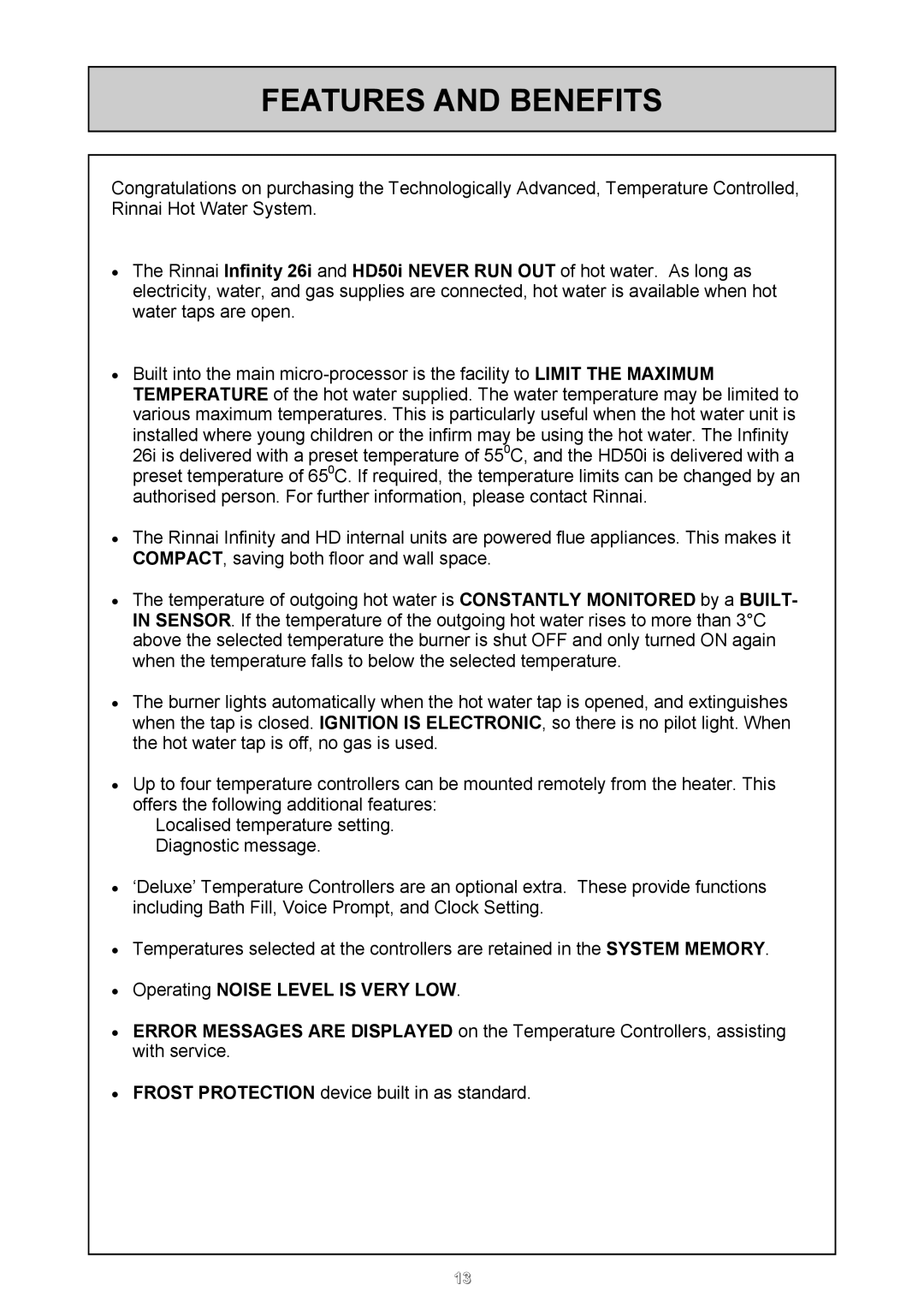 Rinnai 26i, HD50i user manual Features and Benefits, Operating Noise Level is Very LOW 