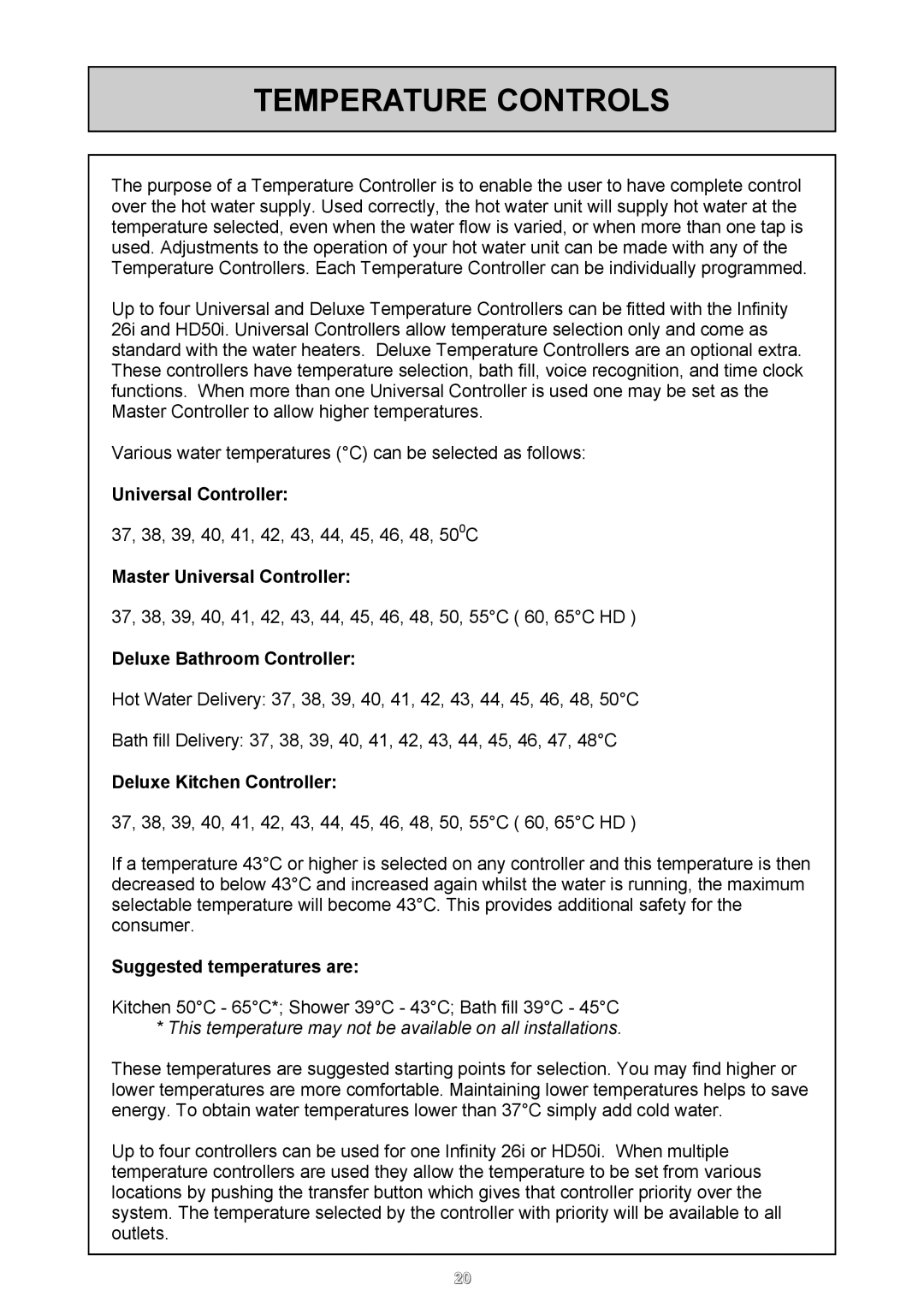Rinnai 26i, HD50i user manual Temperature Controls 