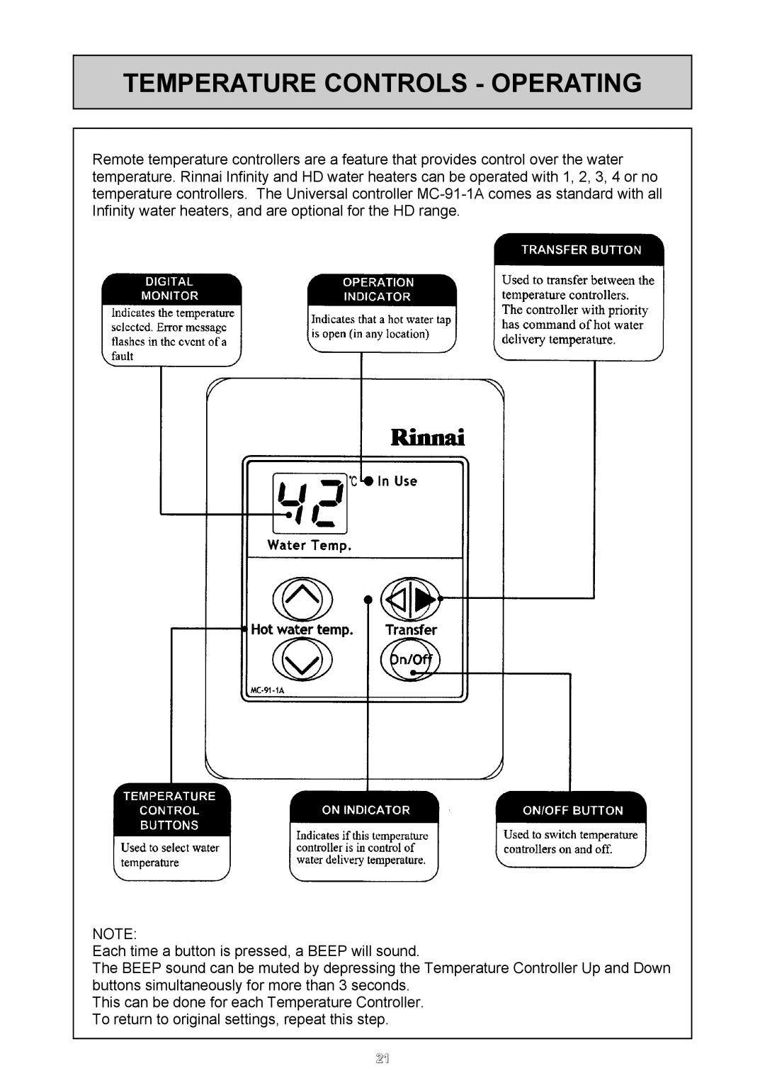 Rinnai 26i, HD50i user manual Temperature Controls Operating 