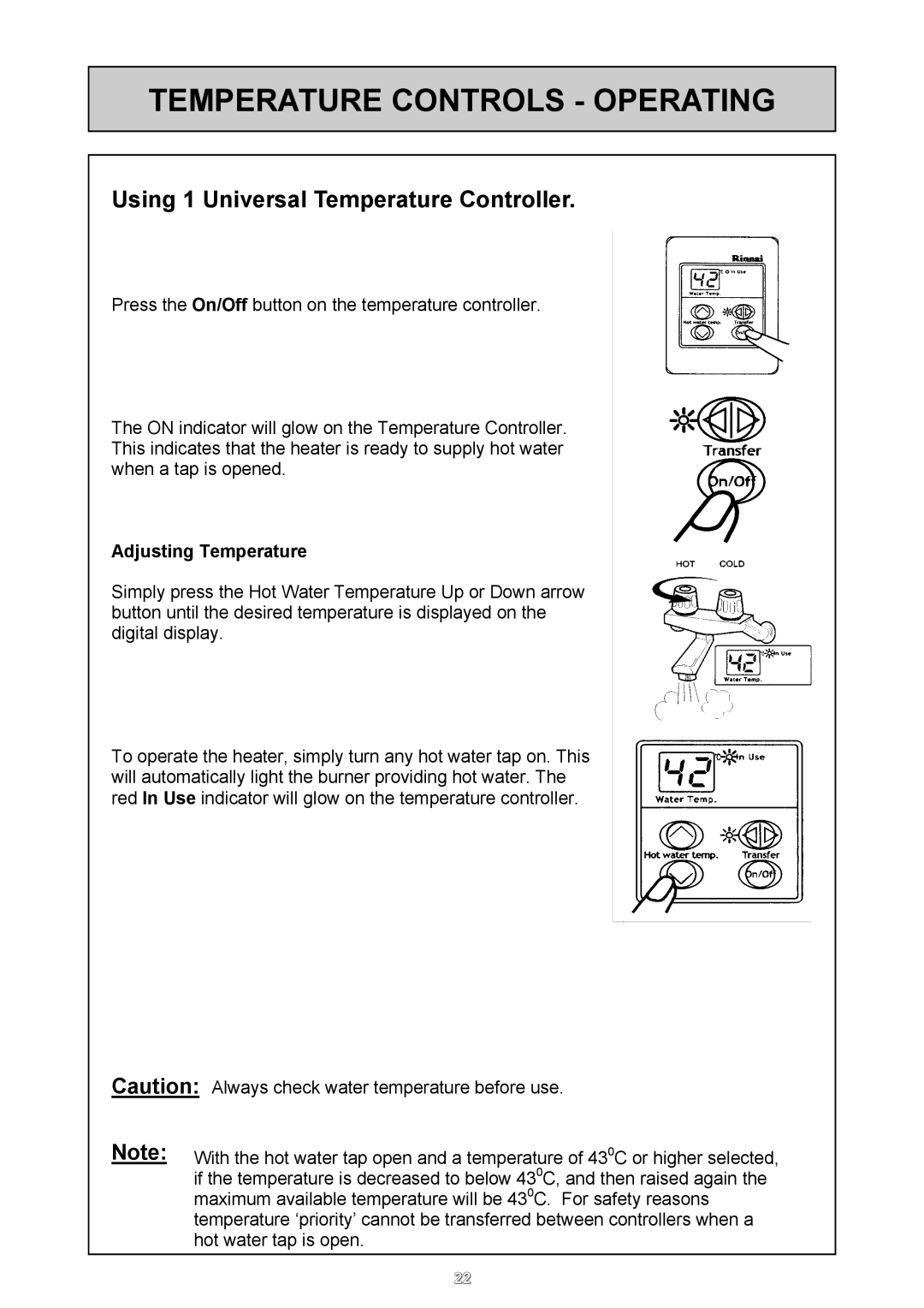 Rinnai 26i, HD50i user manual Using 1 Universal Temperature Controller, Adjusting Temperature 