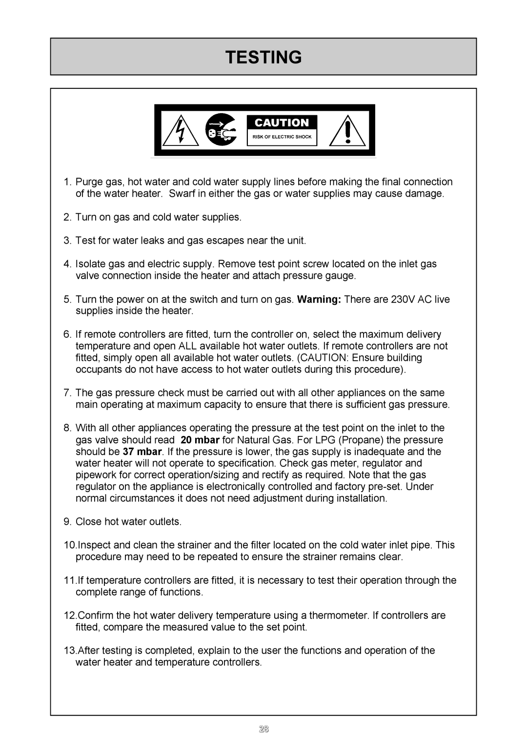 Rinnai 26i, HD50i user manual Testing 