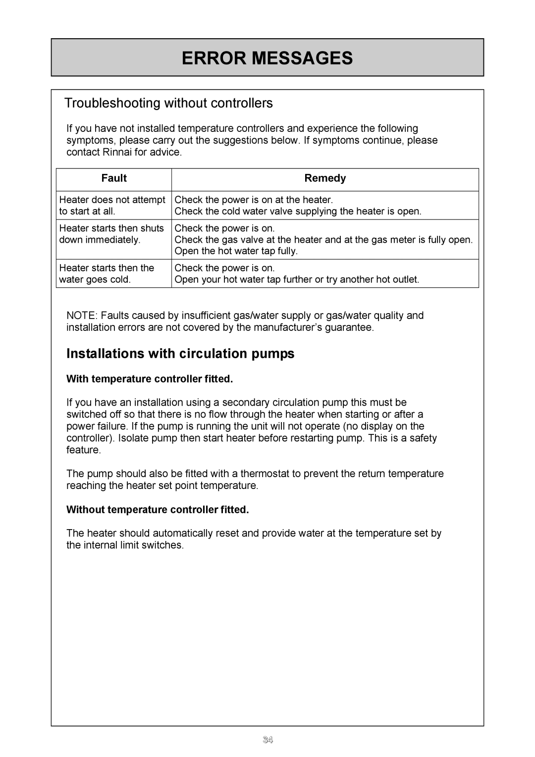 Rinnai 26i, HD50i user manual Installations with circulation pumps, With temperature controller fitted 