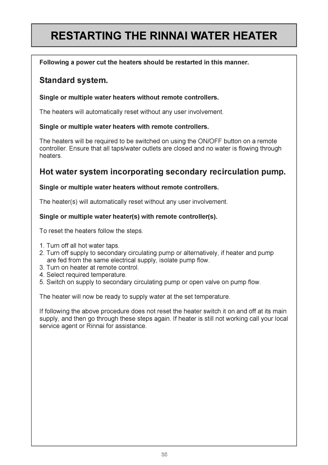 Rinnai 26i, HD50i user manual Restarting the Rinnai Water Heater, Standard system 