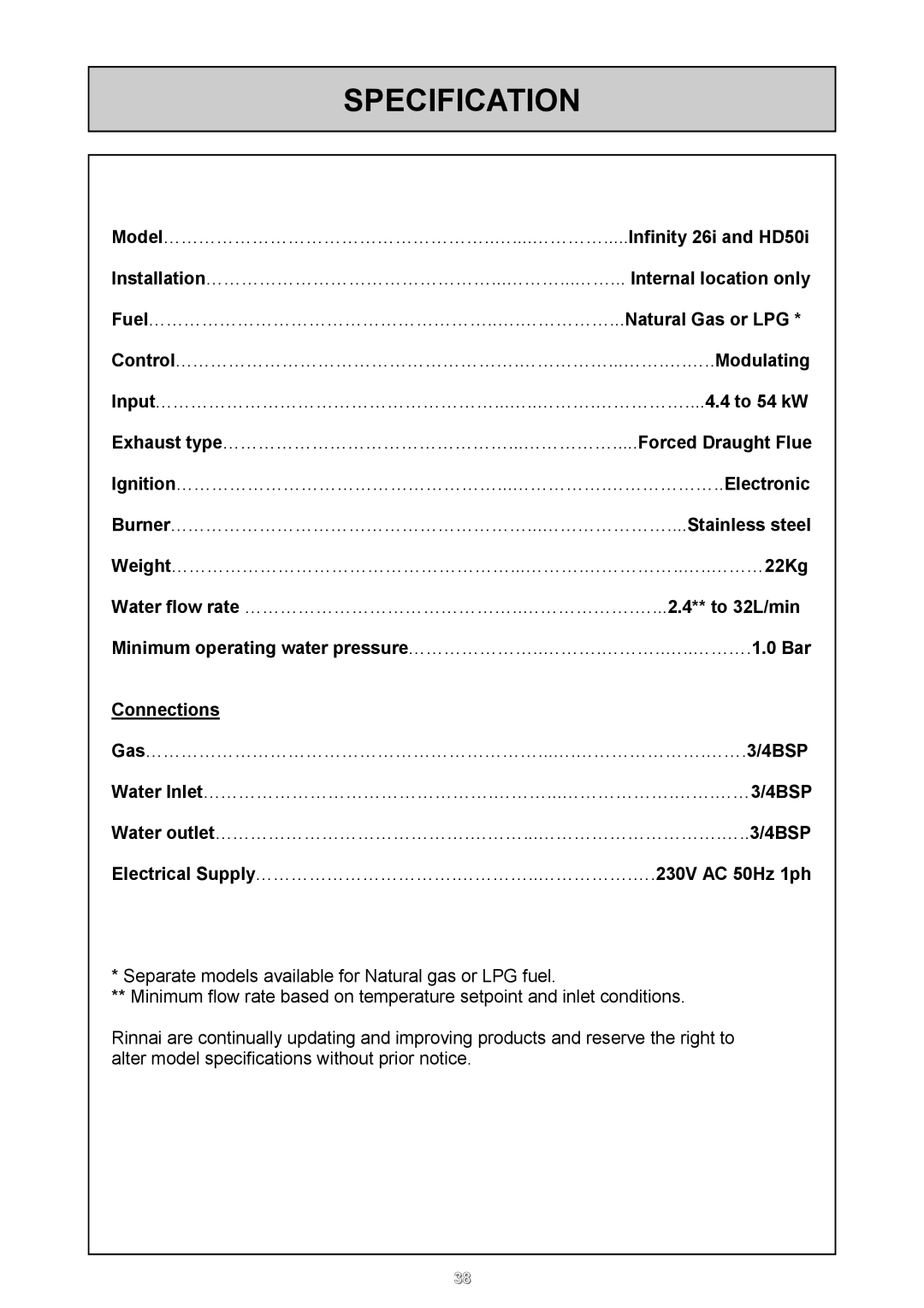 Rinnai 26i, HD50i user manual Specification, Electrical Supply…………………………….…………..…………….….230V AC 50Hz 1ph 