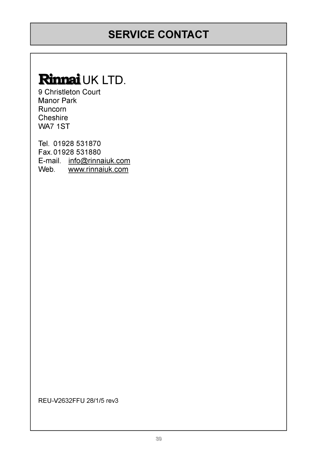 Rinnai 26i, HD50i user manual Service Contact 