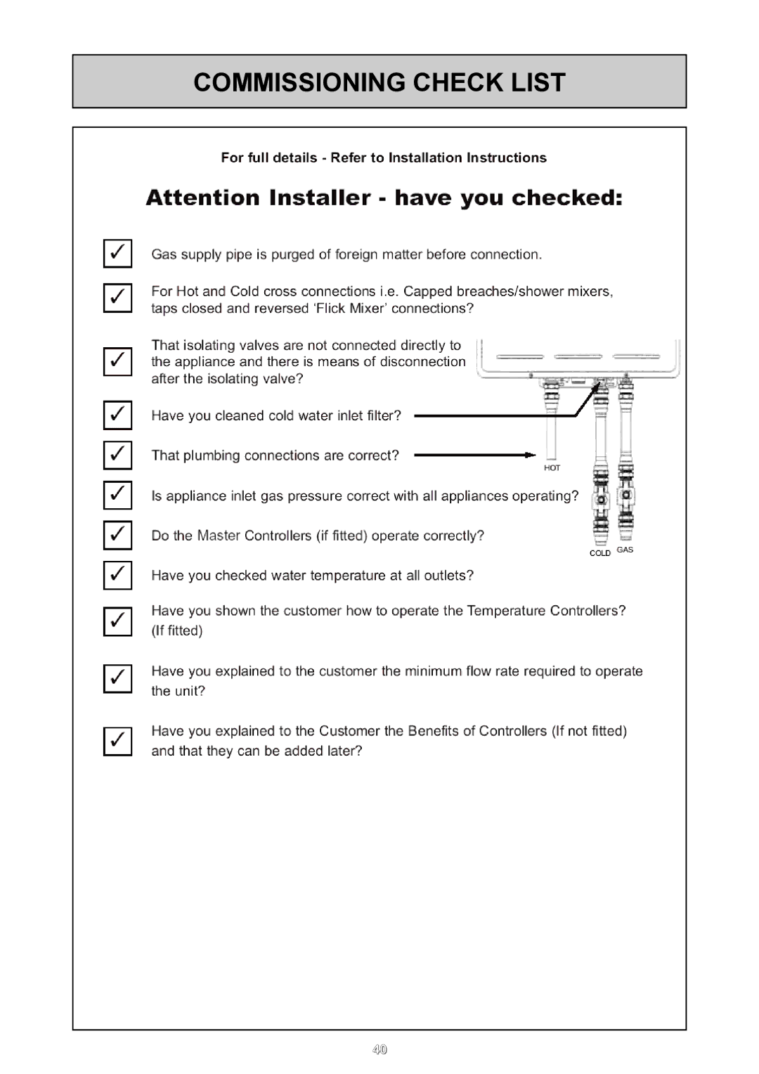 Rinnai 26i, HD50i user manual Commissioning Check List 