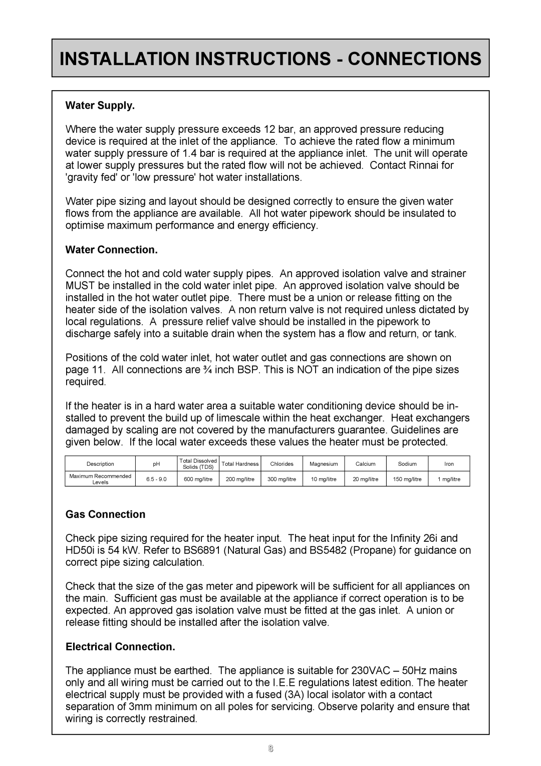 Rinnai 26i, HD50i user manual Installation Instructions Connections, Water Supply, Water Connection, Gas Connection 