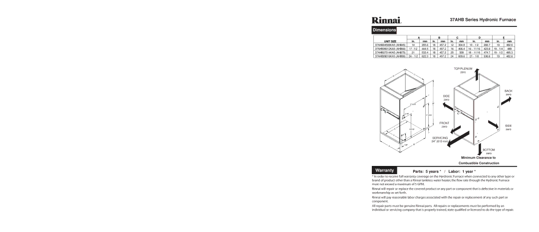 Rinnai 37AHB specifications Dimensions, Warranty, Unit Size 