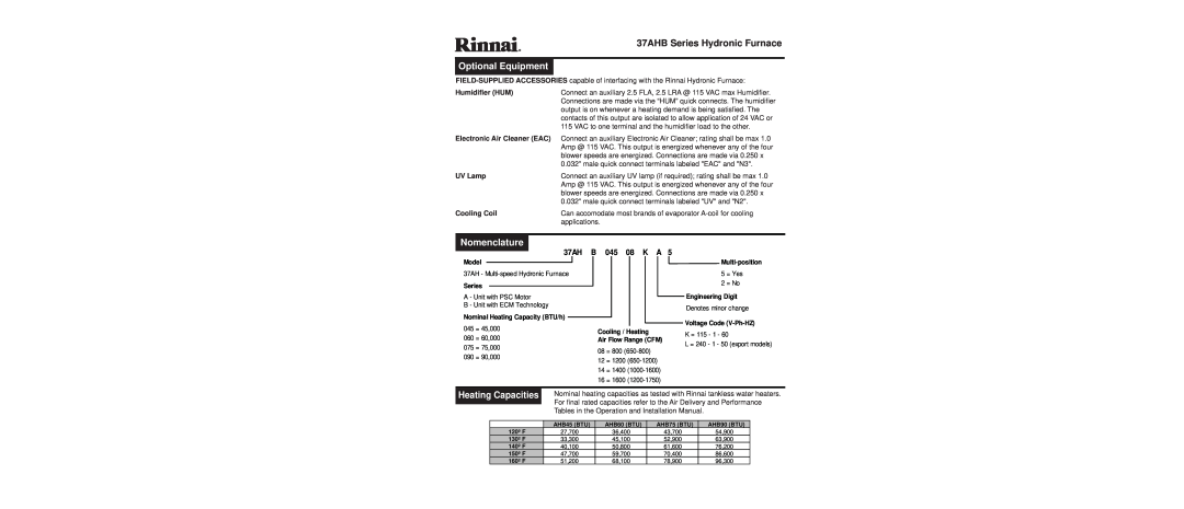 Rinnai Optional Equipment, Nomenclature, Heating Capacities, 37AHB Series Hydronic Furnace, 37AH B, 045 08 K 