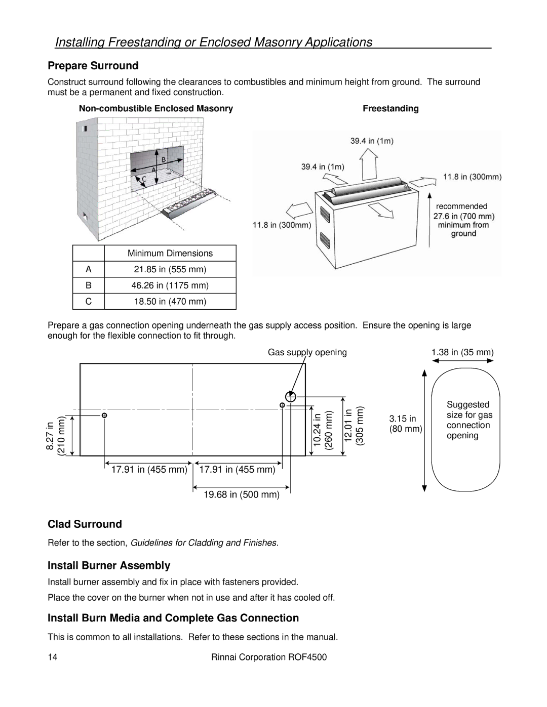 Rinnai 4500 installation manual Installing Freestanding or Enclosed Masonry Applications, Prepare Surround, Clad Surround 