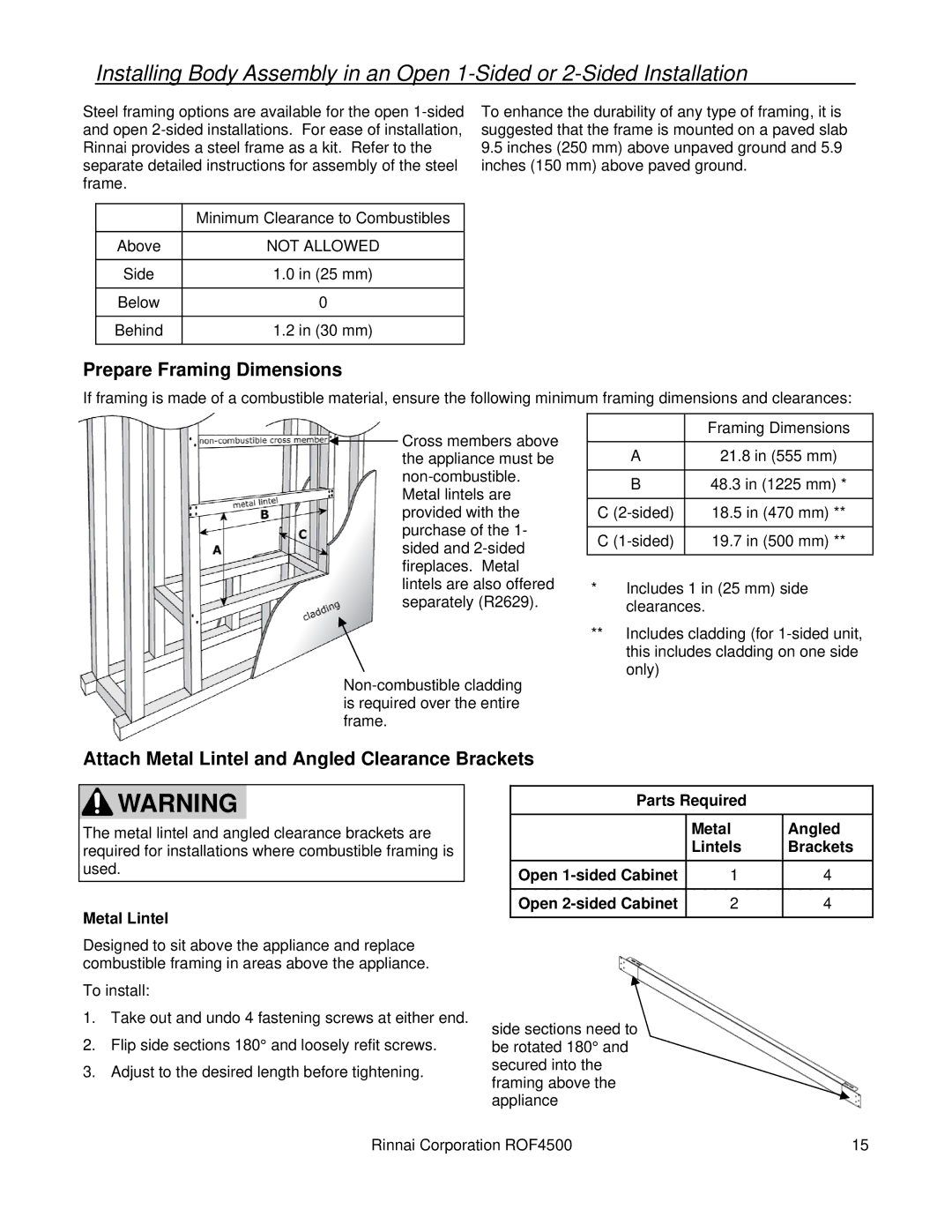 Rinnai 4500 installation manual Prepare Framing Dimensions, Attach Metal Lintel and Angled Clearance Brackets 