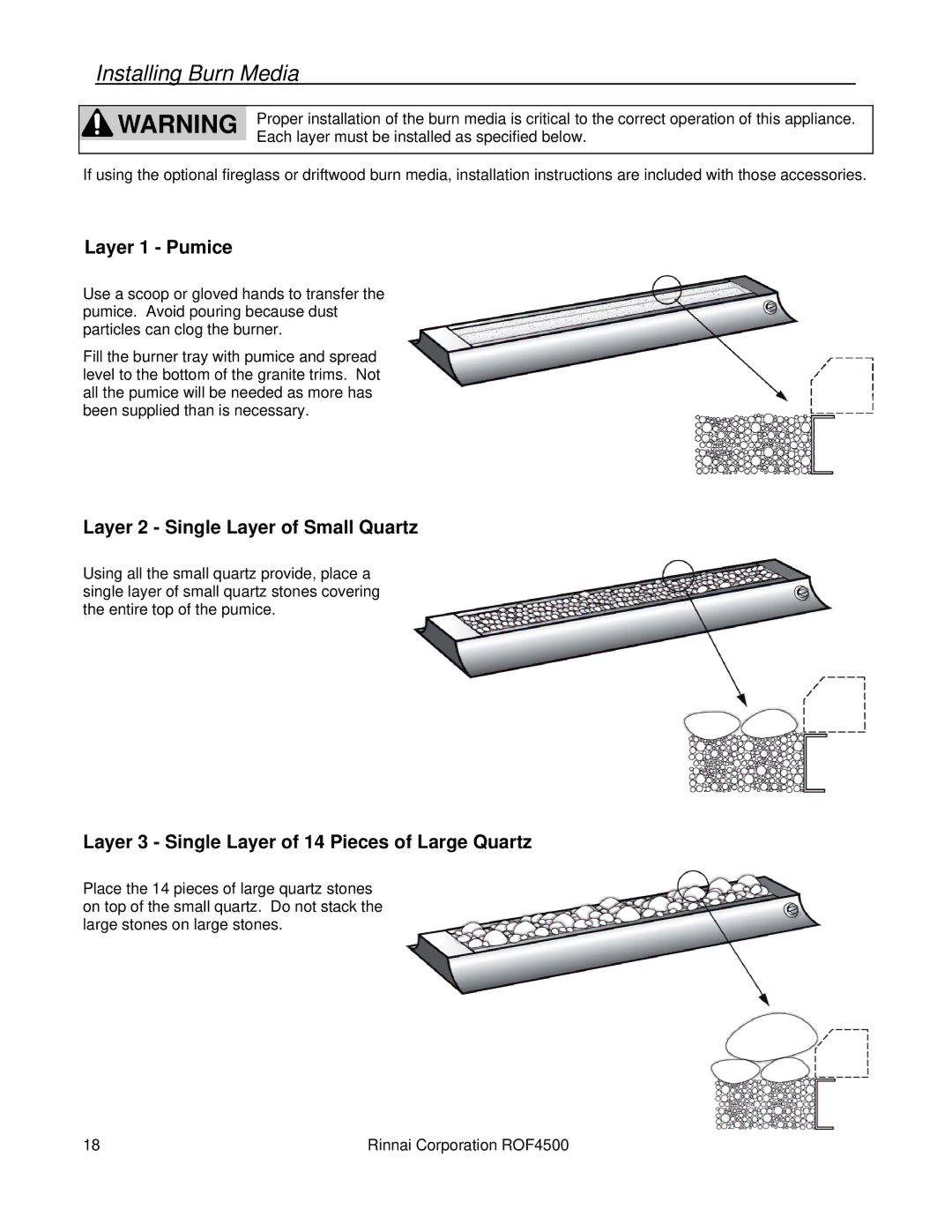 Rinnai 4500 installation manual Installing Burn Media, Layer 1 Pumice, Layer 2 Single Layer of Small Quartz 