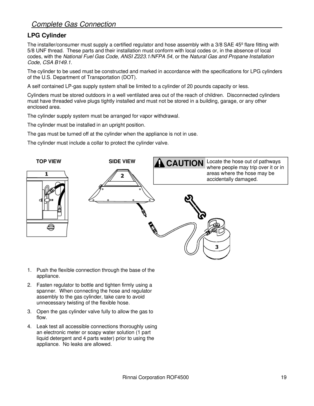 Rinnai 4500 installation manual Complete Gas Connection, LPG Cylinder 