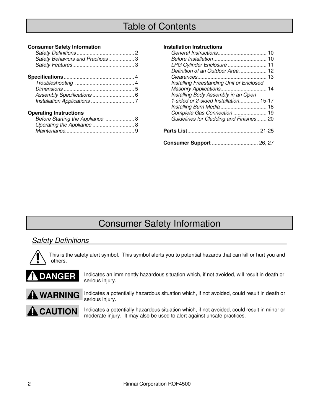 Rinnai 4500 installation manual Table of Contents, Consumer Safety Information 