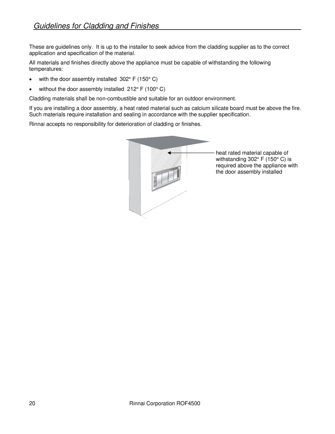 Rinnai 4500 installation manual Guidelines for Cladding and Finishes 