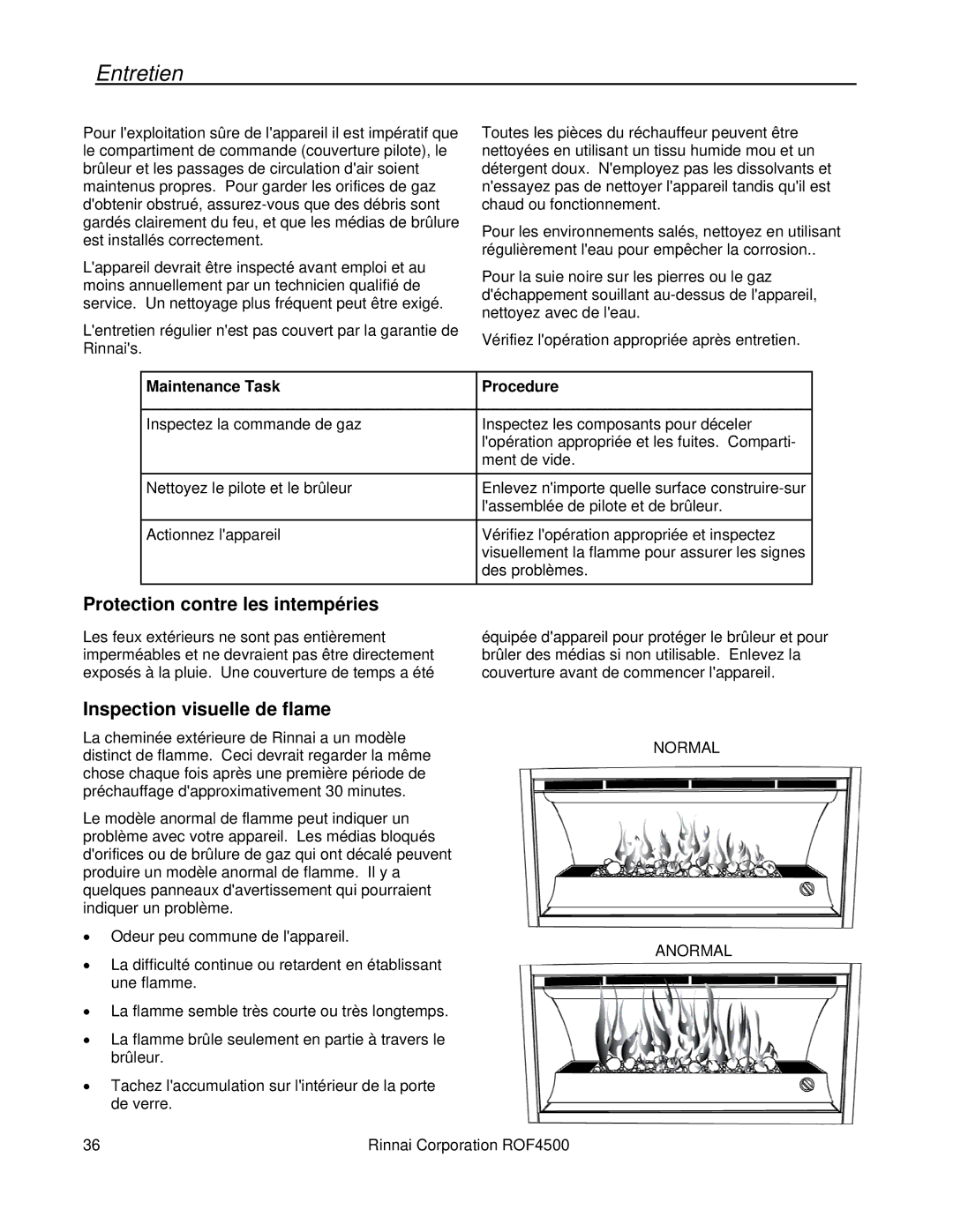 Rinnai 4500 installation manual Entretien, Protection contre les intempéries, Inspection visuelle de flame 