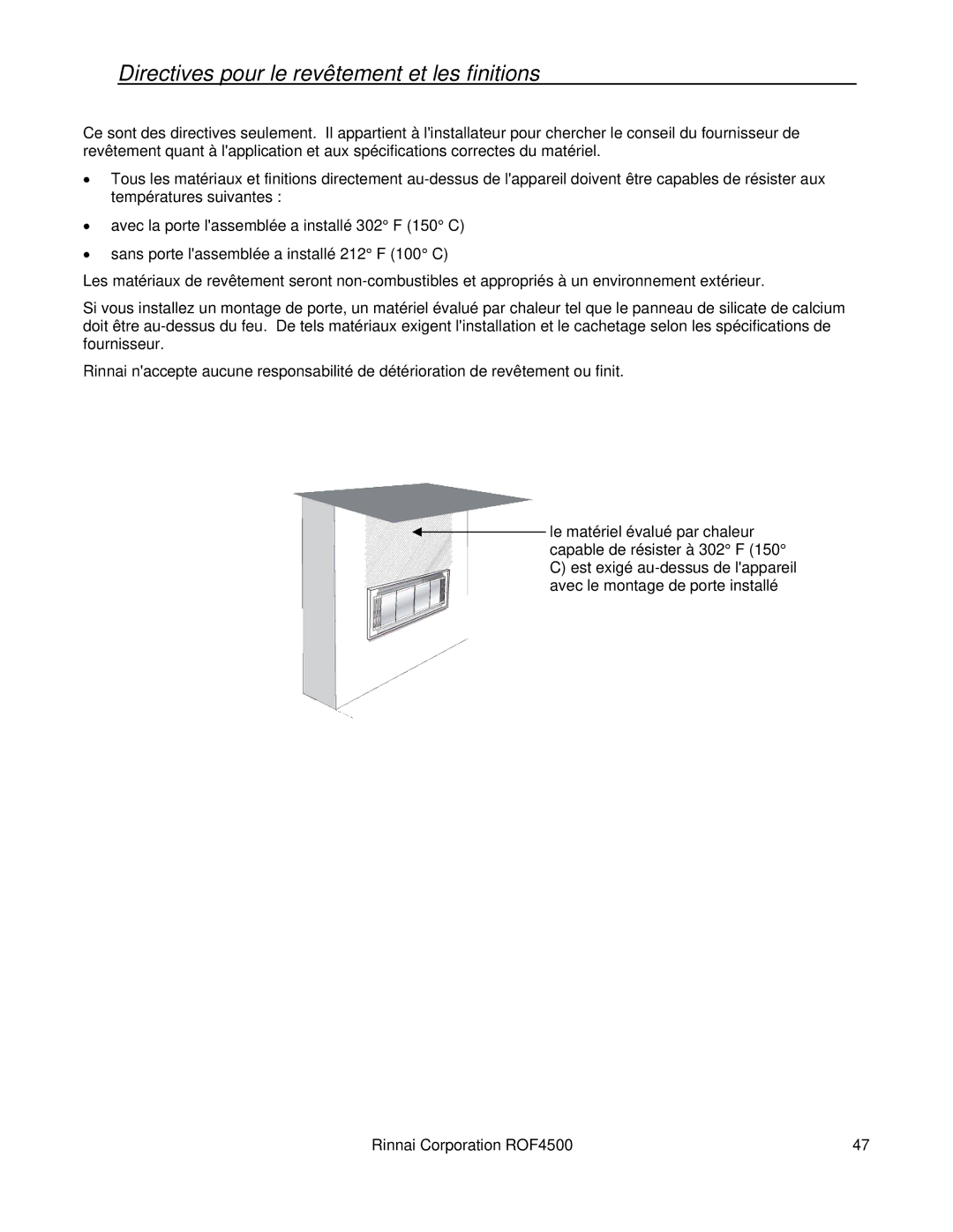 Rinnai 4500 installation manual Directives pour le revêtement et les finitions 