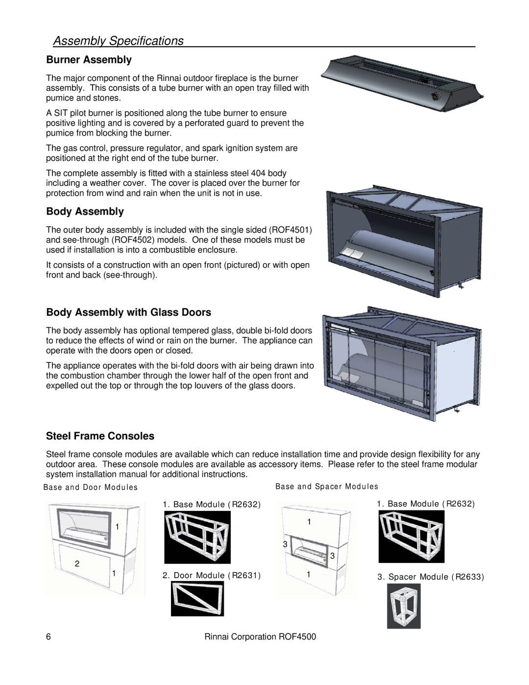 Rinnai 4500 Assembly Specifications, Burner Assembly, Body Assembly with Glass Doors, Steel Frame Consoles 