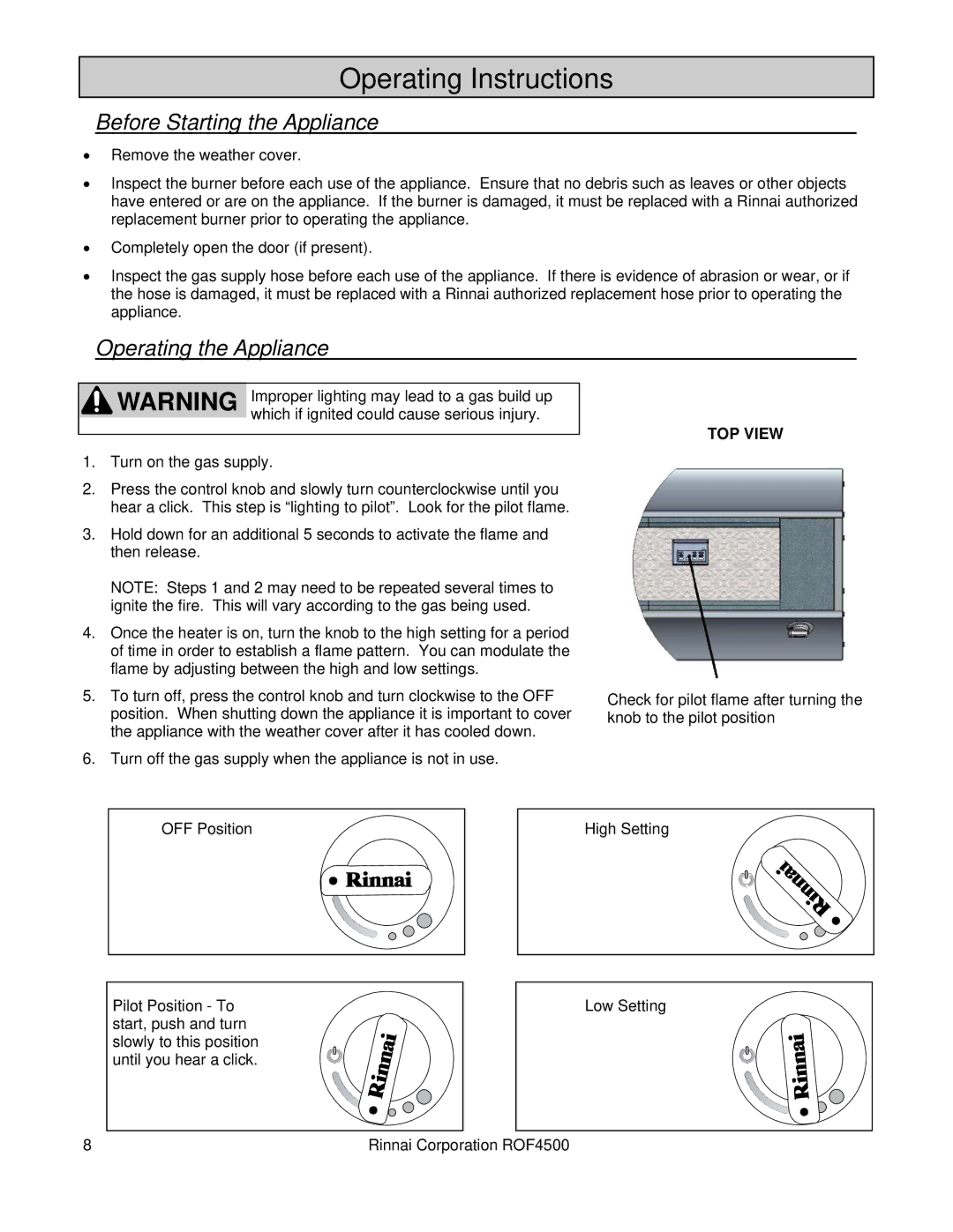 Rinnai 4500 installation manual Operating Instructions, Before Starting the Appliance, Operating the Appliance 