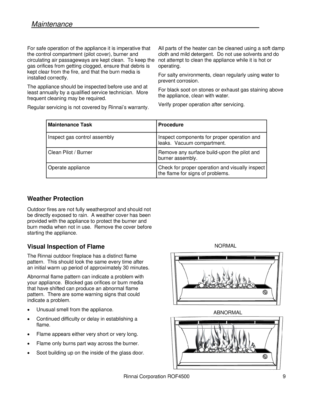 Rinnai 4500 installation manual Weather Protection, Visual Inspection of Flame, Maintenance Task Procedure 